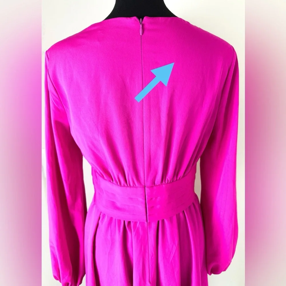 Eliza J Hot Pink Fuschia Long Sleeve Fit & Flare V-Neck Dress-Small - Picture 6 of 10